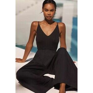 By Anthropologie High Tide Wide-Leg One-Piece Jumpsuit Dress Black M NEW 275674